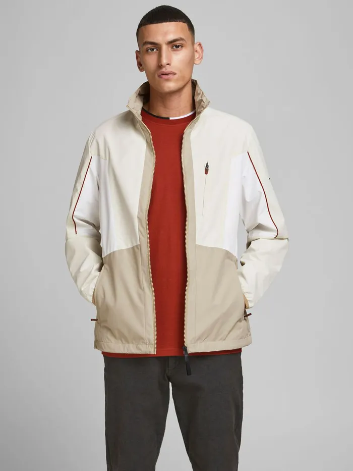 Jackets JACK and JONES Mens STAND COLLAR COLOUR BLOCK LIGHTWEIGHT JACKET Beige Silver Birch Jackets JACK and JONES Mens STAND COLLAR COLOUR BLOCK LIGHTWEIGHT JACKET Beige Silver Birch