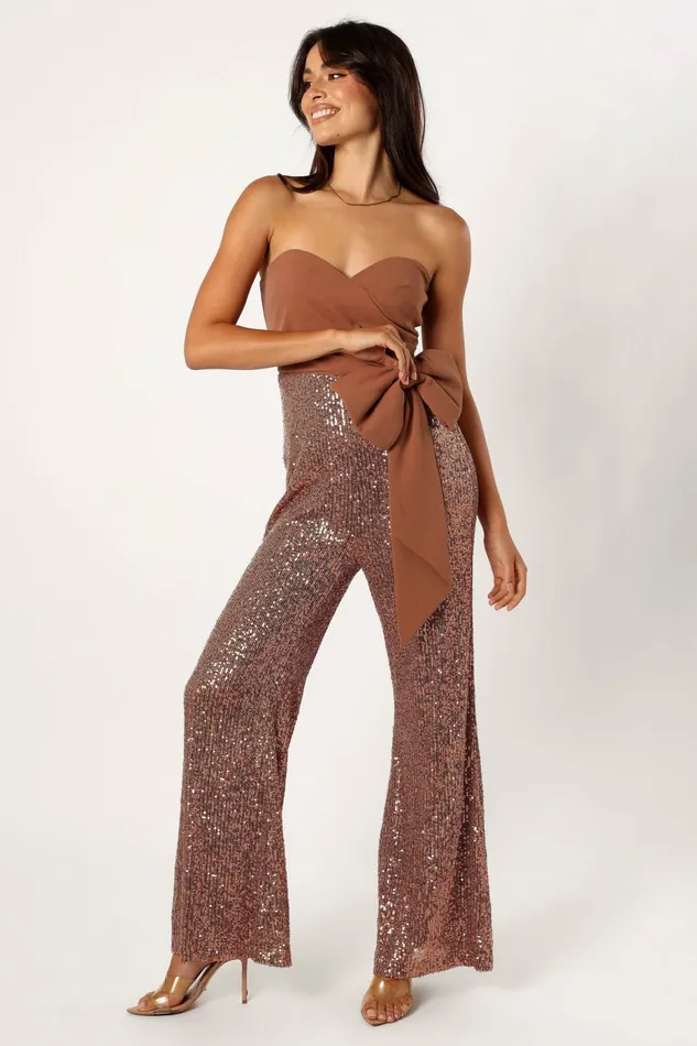 Jacquelin Bow Waist Sequin Jumpsuit Tan Women Jumpsuits and Rompers Petal and Pup Jacquelin Bow Waist Sequin Jumpsuit Tan Women Jumpsuits and Rompers Petal and Pup