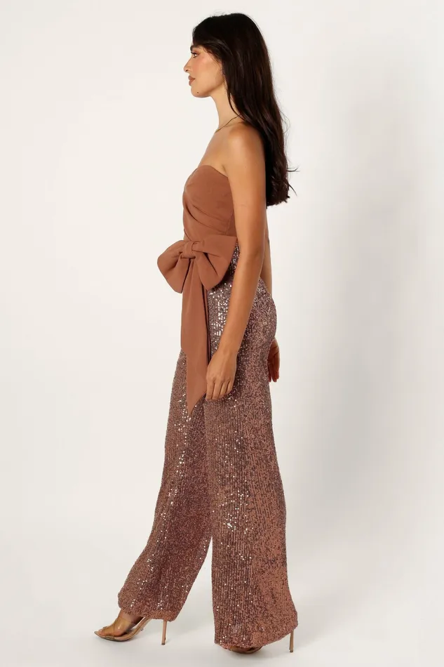 Jacquelin Bow Waist Sequin Jumpsuit Tan Women Jumpsuits and Rompers Petal and Pup
