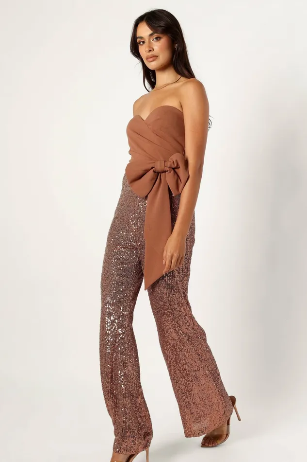 Jacquelin Bow Waist Sequin Jumpsuit Tan Women Jumpsuits and Rompers Petal and Pup