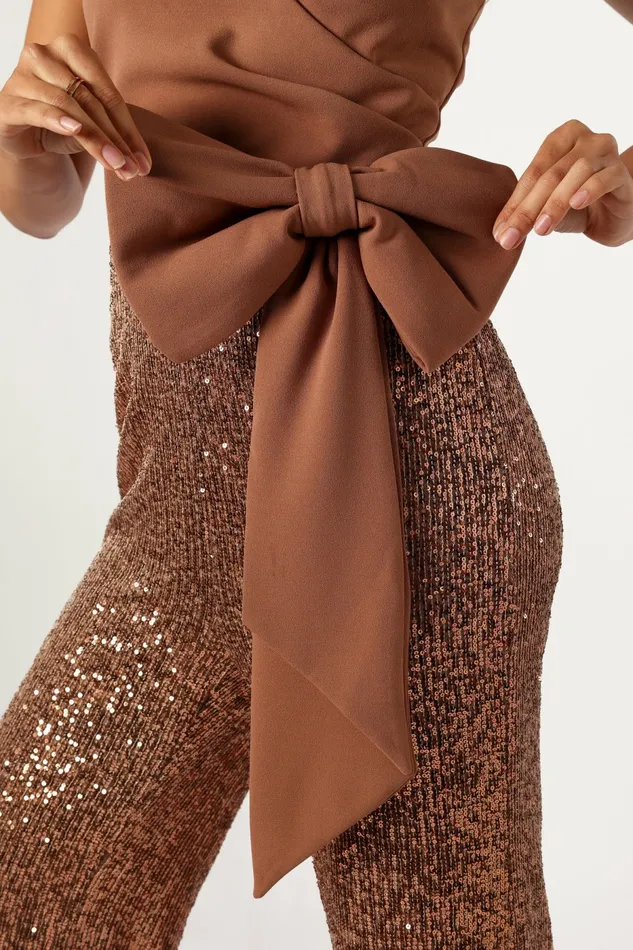 Jacquelin Bow Waist Sequin Jumpsuit Tan Women Jumpsuits and Rompers Petal and Pup