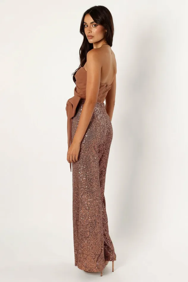 Jacquelin Bow Waist Sequin Jumpsuit Tan Women Jumpsuits and Rompers Petal and Pup