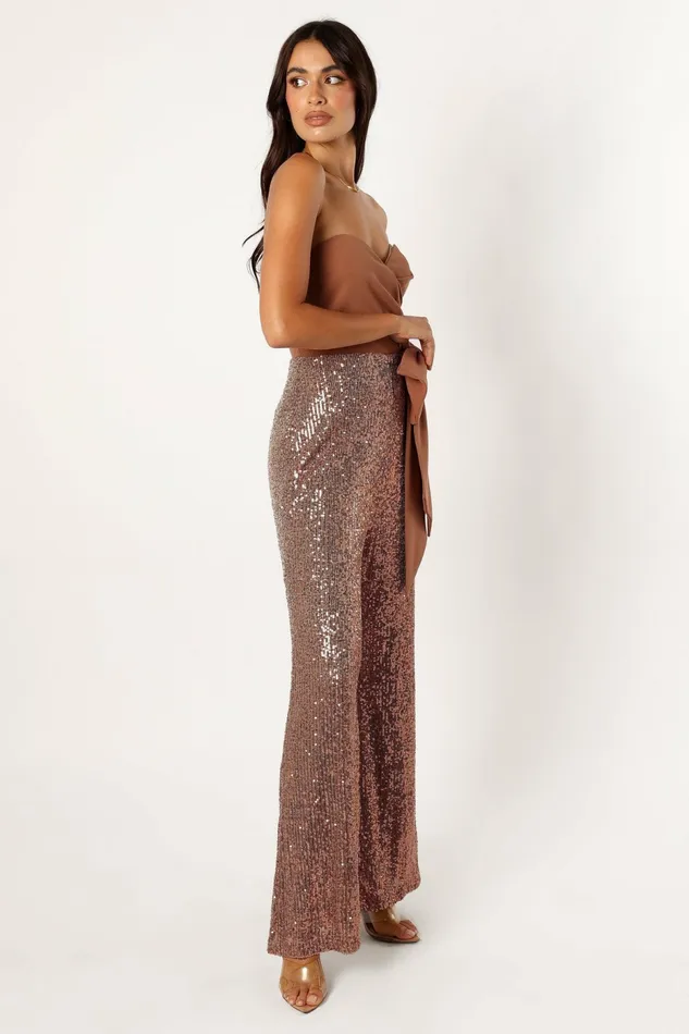 Jacquelin Bow Waist Sequin Jumpsuit Tan Women Jumpsuits and Rompers Petal and Pup