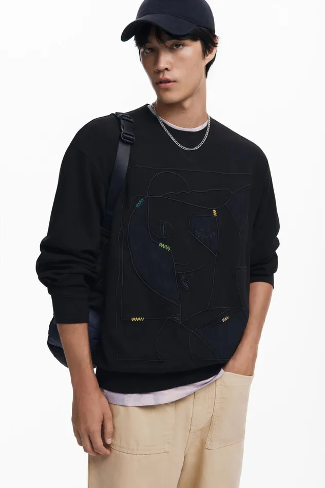 Jumpers And Sweatshirts Men Desigual Contrast Embroidered Sweatshirt Black