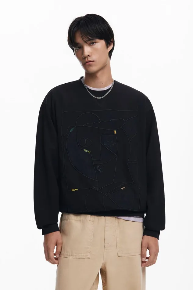 Jumpers And Sweatshirts Men Desigual Contrast Embroidered Sweatshirt Black