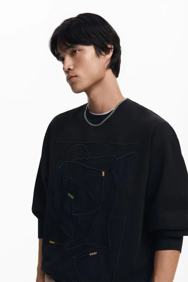 Jumpers And Sweatshirts Men Desigual Contrast Embroidered Sweatshirt Black