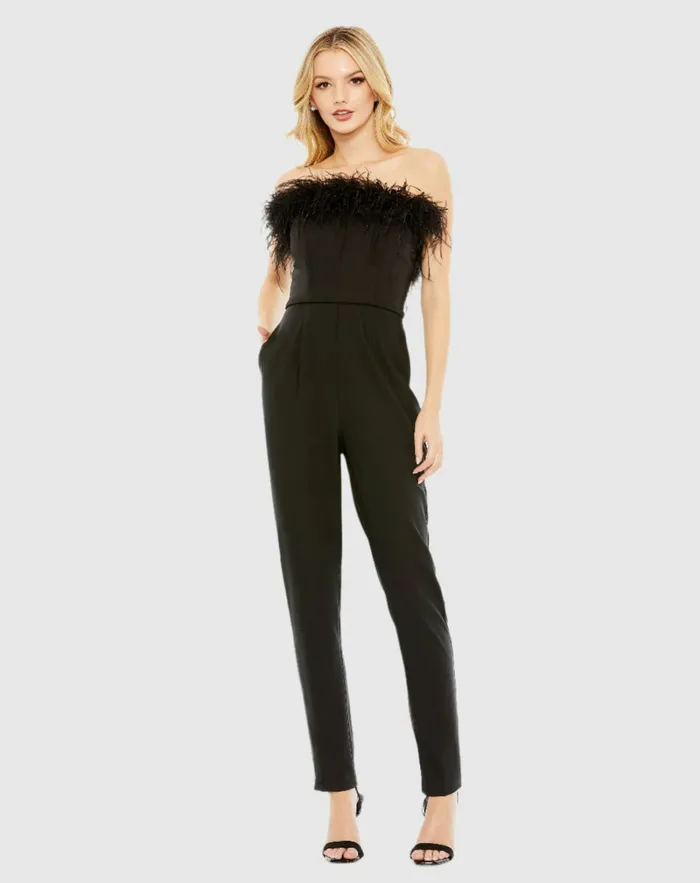 Jumpsuits and Rompers Black Strapless Jumpsuit with Feather Trim 8211 FINAL SALE Black 8211 Mac Duggal Women Jumpsuits and Rompers Black Strapless Jumpsuit with Feather Trim 8211 FINAL SALE Black 8211 Mac Duggal Women
