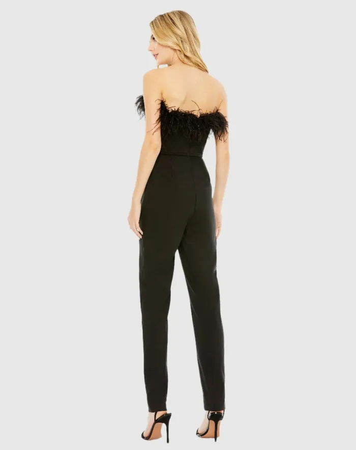 Jumpsuits and Rompers Black Strapless Jumpsuit with Feather Trim 8211 FINAL SALE Black 8211 Mac Duggal Women Jumpsuits and Rompers Black Strapless Jumpsuit with Feather Trim 8211 FINAL SALE Black 8211 Mac Duggal Women
