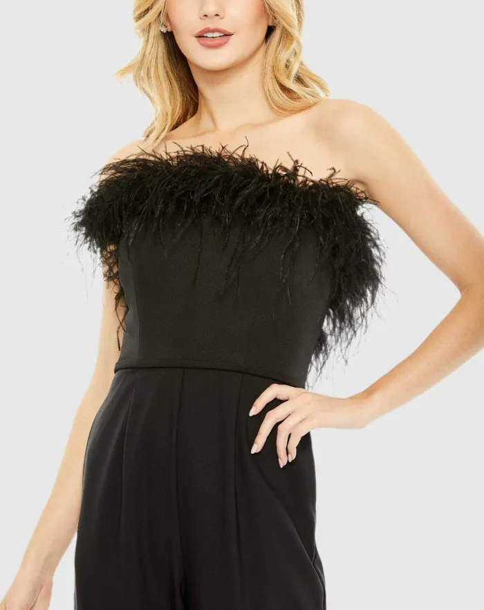 Jumpsuits and Rompers Black Strapless Jumpsuit with Feather Trim 8211 FINAL SALE Black 8211 Mac Duggal Women Jumpsuits and Rompers Black Strapless Jumpsuit with Feather Trim 8211 FINAL SALE Black 8211 Mac Duggal Women