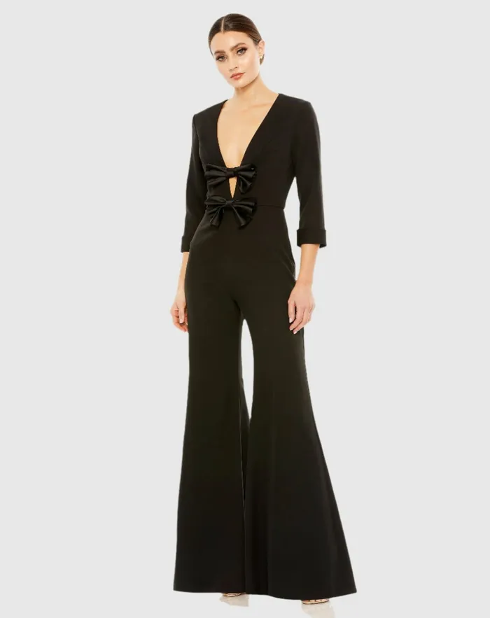 Jumpsuits and Rompers Mac Duggal Women Long Sleeve Bow Detail Wide Leg Jumpsuit Black