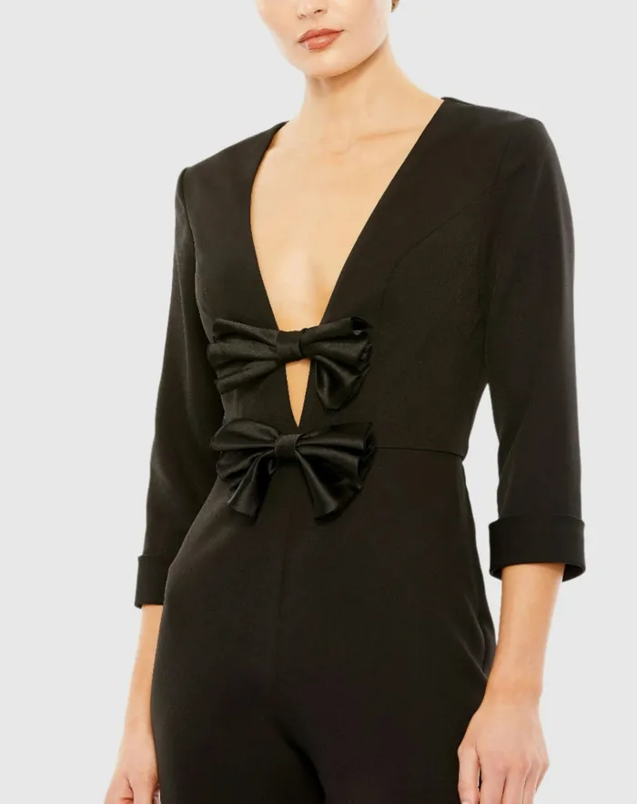 Jumpsuits and Rompers Mac Duggal Women Long Sleeve Bow Detail Wide Leg Jumpsuit Black Jumpsuits and Rompers Mac Duggal Women Long Sleeve Bow Detail Wide Leg Jumpsuit Black