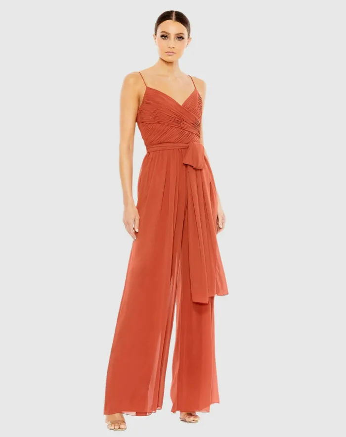 Jumpsuits and Rompers Orange Ruched Sleeveless Tie Jumpsuit Cinnamon Mac Duggal Women