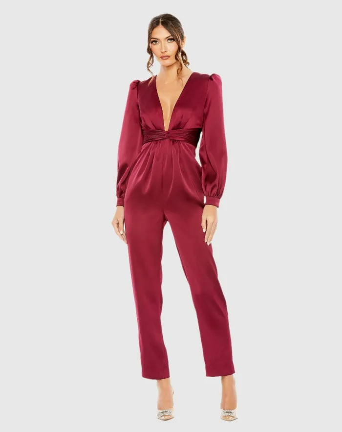 Jumpsuits and Rompers Women Red Front Twist Puff Sleeve Deep V Jumpsuit Ruby Mac Duggal Jumpsuits and Rompers Women Red Front Twist Puff Sleeve Deep V Jumpsuit Ruby Mac Duggal