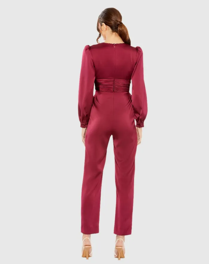 Jumpsuits and Rompers Women Red Front Twist Puff Sleeve Deep V Jumpsuit Ruby Mac Duggal