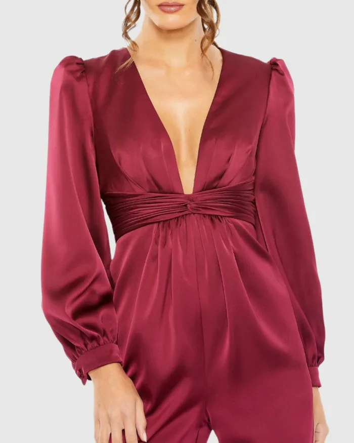 Jumpsuits and Rompers Women Red Front Twist Puff Sleeve Deep V Jumpsuit Ruby Mac Duggal