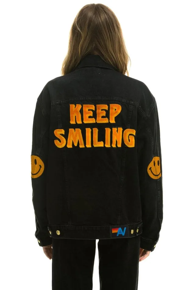 Keep Smiling Oversized Concert Denim Jacket 8211 Vintage Black WomenMen Aviator Nation Denim