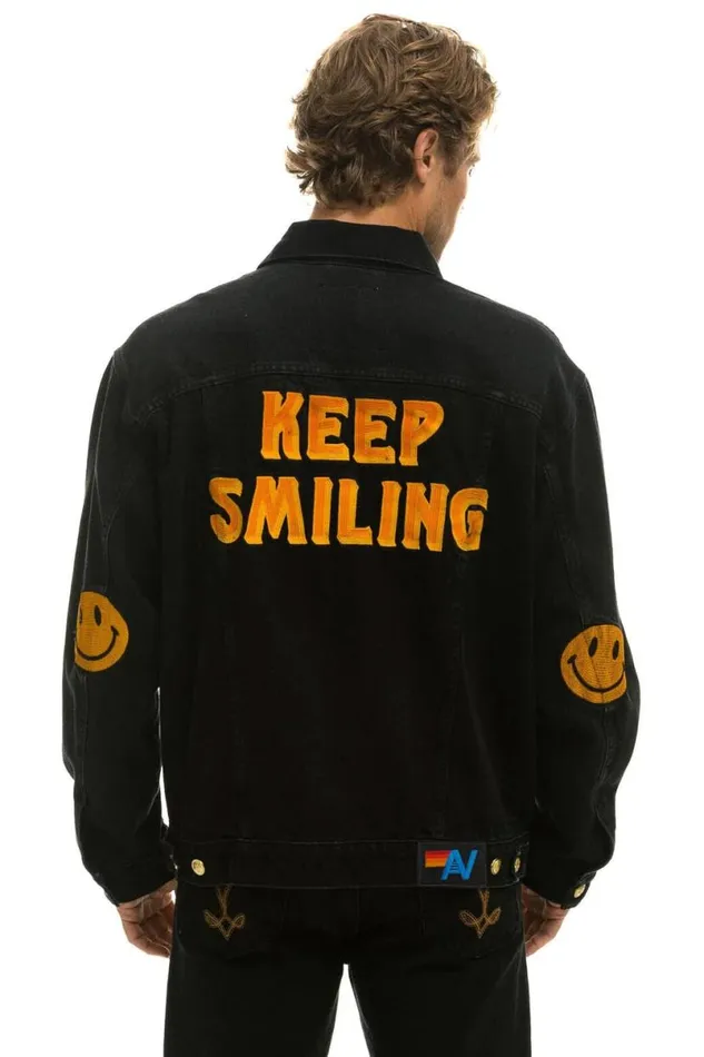 Keep Smiling Oversized Concert Denim Jacket 8211 Vintage Black WomenMen Aviator Nation Denim
