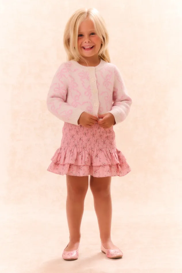 Kids LoveShackFancy Girls Girls Marlowen Bow Print Cardigan Bon Bon Pink