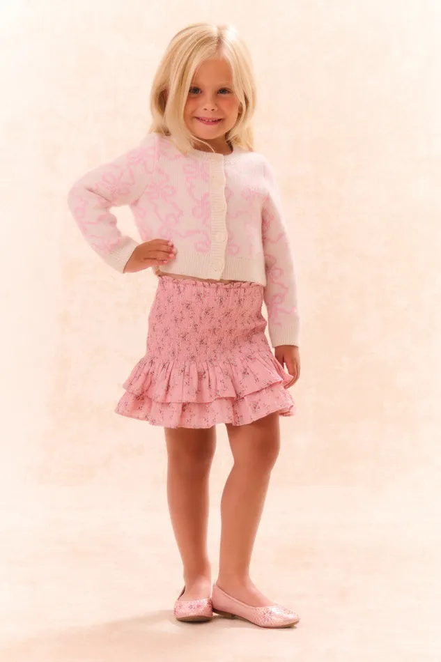 Kids LoveShackFancy Girls Girls Marlowen Bow Print Cardigan Bon Bon Pink
