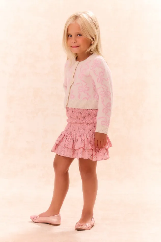 Kids LoveShackFancy Girls Girls Marlowen Bow Print Cardigan Bon Bon Pink