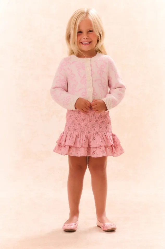 Kids LoveShackFancy Girls Girls Marlowen Bow Print Cardigan Bon Bon Pink