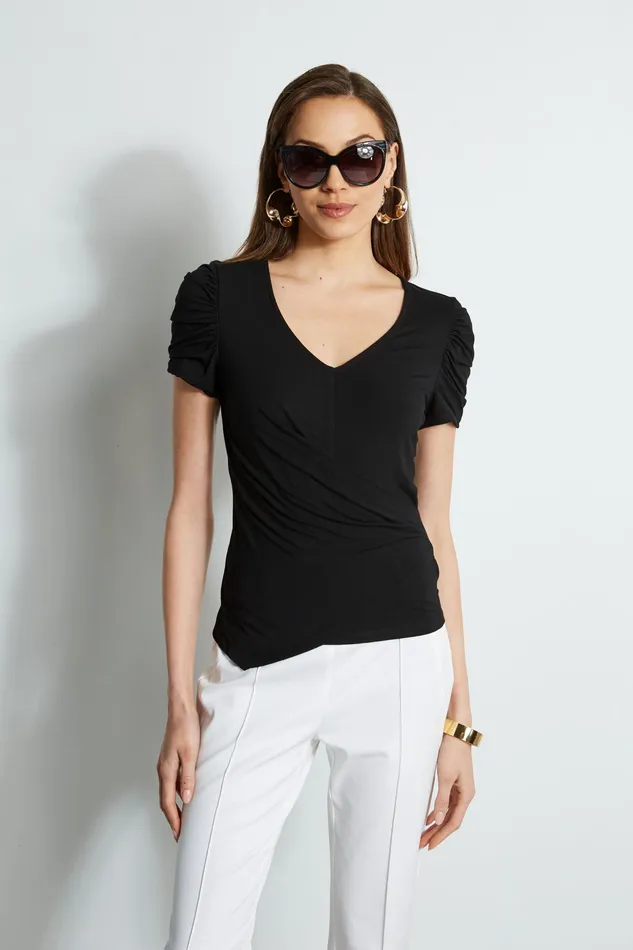 Knits and Sweaters Women Elie Tahari Ruched Sleeve VNeck Knit BLACK