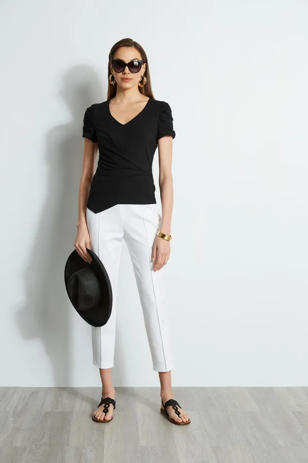 Knits and Sweaters Women Elie Tahari Ruched Sleeve VNeck Knit BLACK