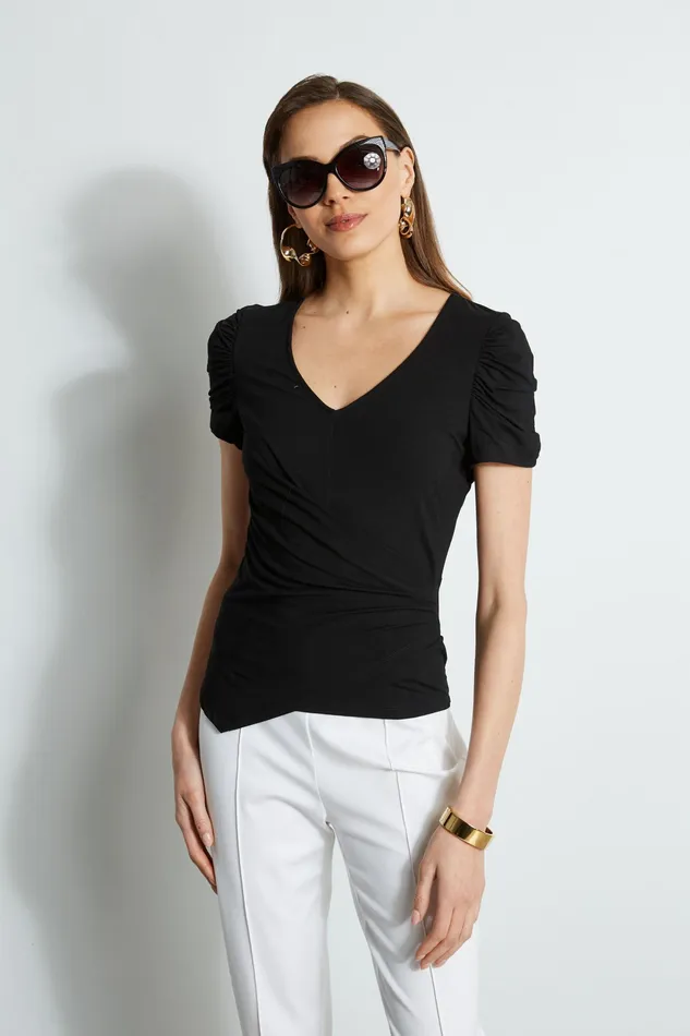Knits and Sweaters Women Elie Tahari Ruched Sleeve VNeck Knit BLACK