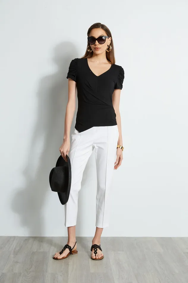 Knits and Sweaters Women Elie Tahari Ruched Sleeve VNeck Knit BLACK