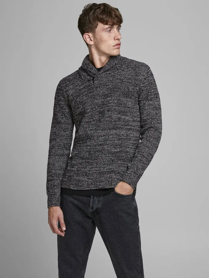 Knitwear JACK and JONES Mens SHAWL NECK KNITTED PULLOVER Grey Black Gift 4 You