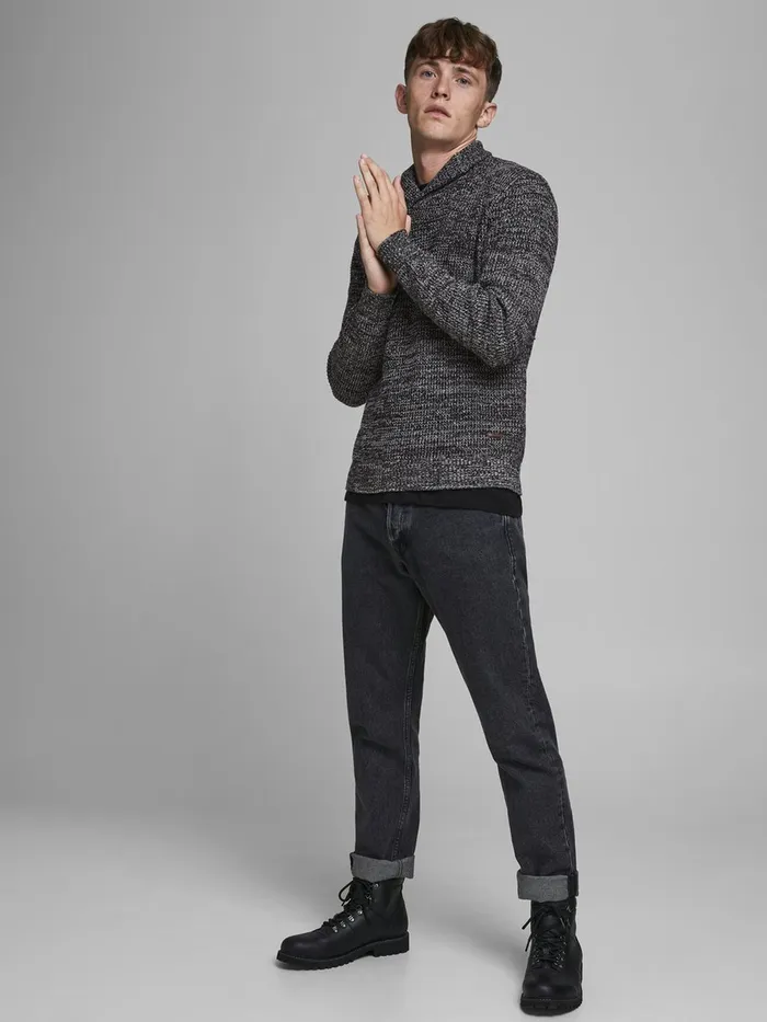 Knitwear JACK and JONES Mens SHAWL NECK KNITTED PULLOVER Grey Black Gift 4 You