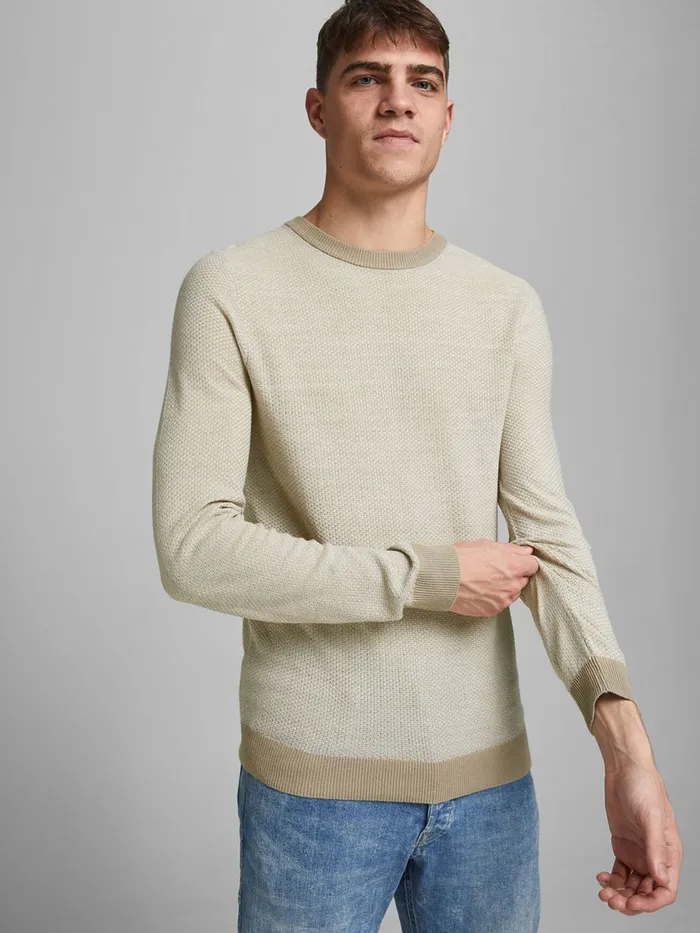 Knitwear JACK and JONES Mens TEXTURED CREW NECK KNITTED PULLOVER Beige Crockery Gift 4 You