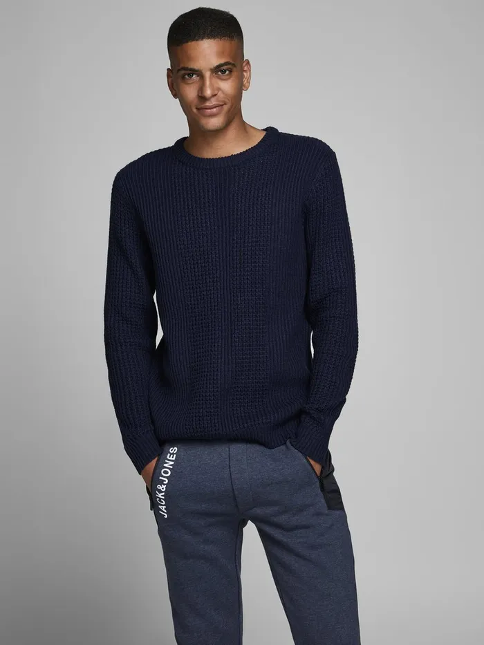 Knitwear JACK and JONES Mens TEXTURED CREW NECK KNITTED PULLOVER Blue Navy Blazer On Sale Knitwear JACK and JONES Mens TEXTURED CREW NECK KNITTED PULLOVER Blue Navy Blazer On Sale