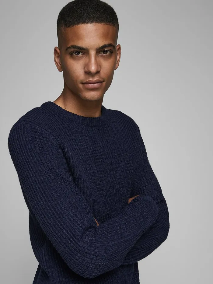 Knitwear JACK and JONES Mens TEXTURED CREW NECK KNITTED PULLOVER Blue Navy Blazer On Sale