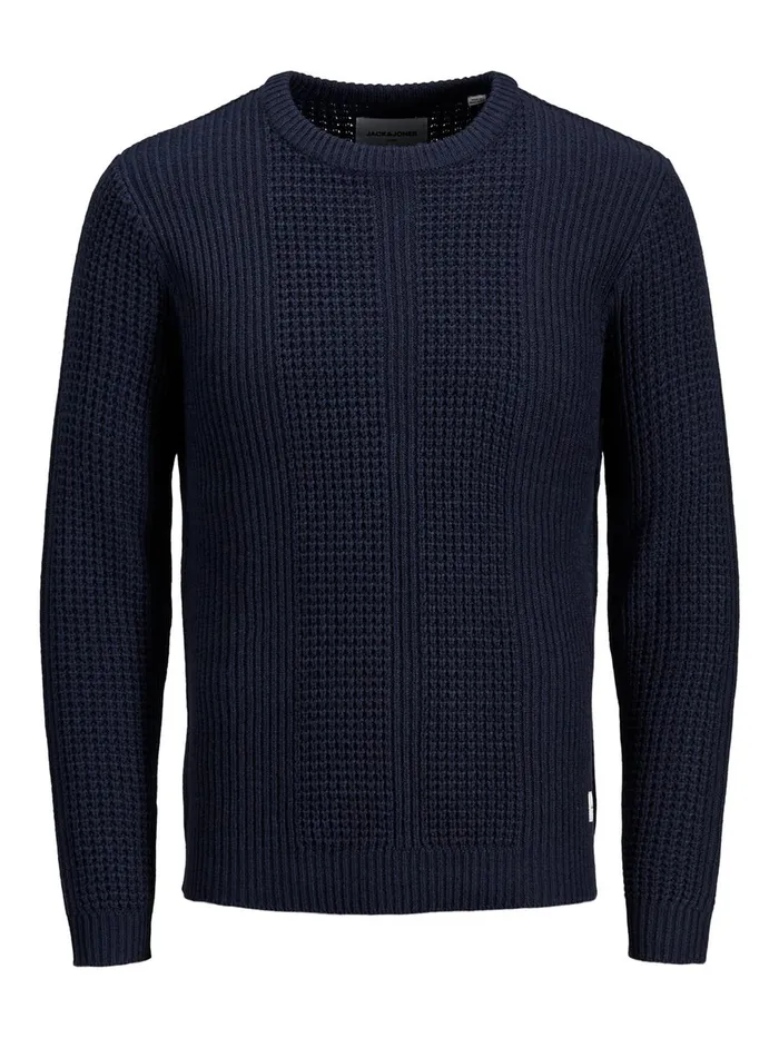 Knitwear JACK and JONES Mens TEXTURED CREW NECK KNITTED PULLOVER Blue Navy Blazer On Sale