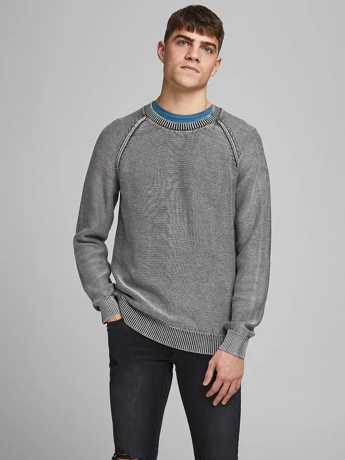 Knitwear JACK and JONES Mens TEXTURED KNITTED PULLOVER Grey Black For Sale