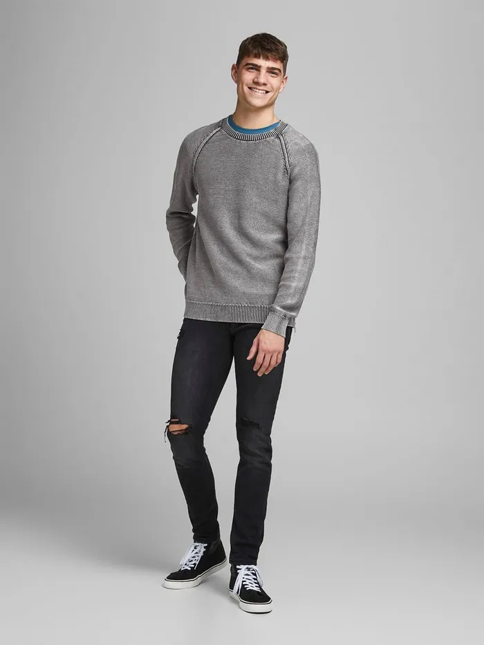 Knitwear JACK and JONES Mens TEXTURED KNITTED PULLOVER Grey Black For Sale