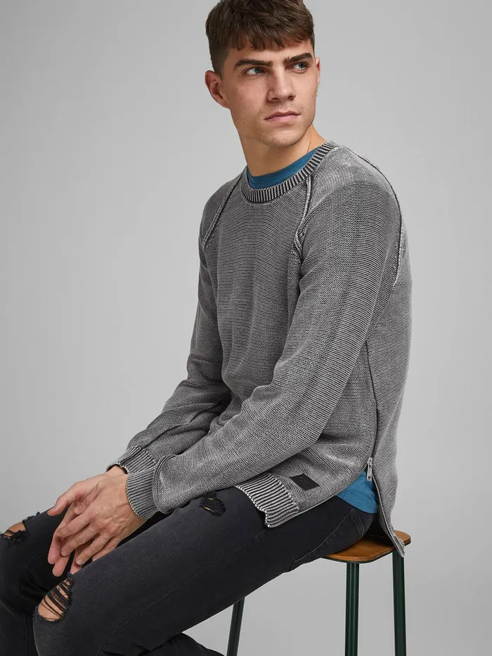 Knitwear JACK and JONES Mens TEXTURED KNITTED PULLOVER Grey Black For Sale