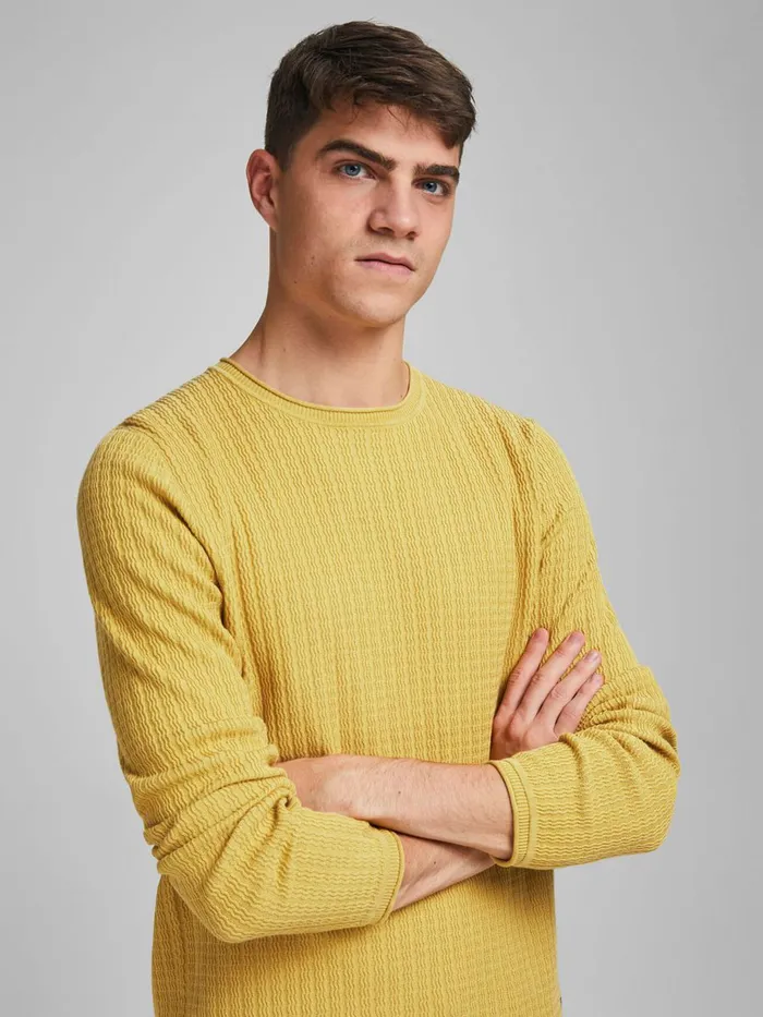 Knitwear JACK and JONES Mens TEXTURED KNITTED PULLOVER Yellow Sauterne Gift 4 You