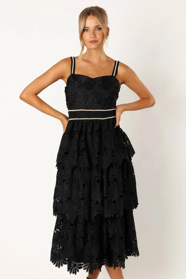 Knox Tiered Midi Dress Black Event Dresses Petal and Pup Women