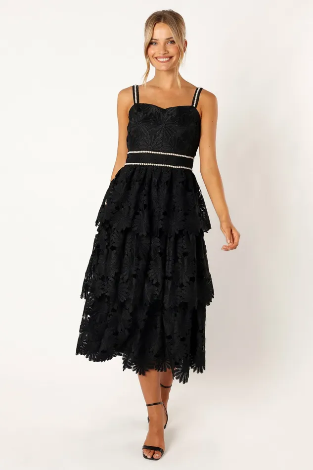 Knox Tiered Midi Dress Black Event Dresses Petal and Pup Women