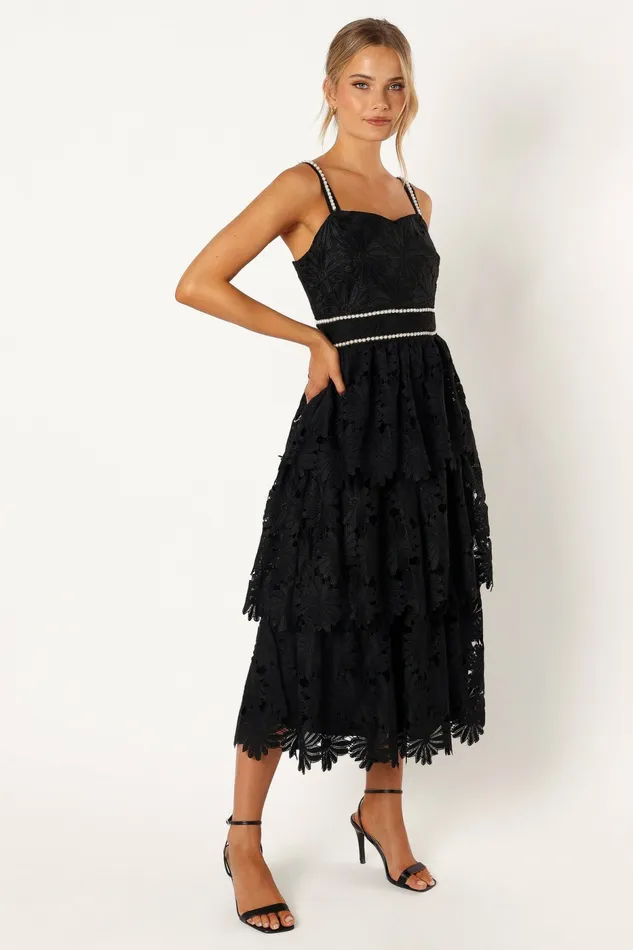 Knox Tiered Midi Dress Black Event Dresses Petal and Pup Women
