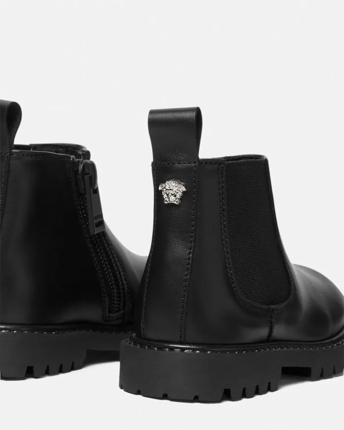 La Medusa Leather Baby Ankle Boots Blacksilver Children Versace Shoes