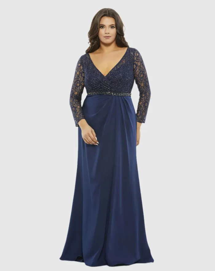 Lace Illusion Long Sleeve VNeck Draped Gown Plus MIDNIGHT Plus Size Dresses Mac Duggal Women Lace Illusion Long Sleeve VNeck Draped Gown Plus MIDNIGHT Plus Size Dresses Mac Duggal Women