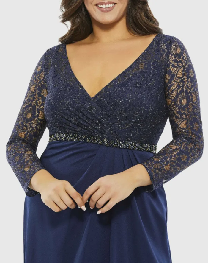 Lace Illusion Long Sleeve VNeck Draped Gown Plus MIDNIGHT Plus Size Dresses Mac Duggal Women Lace Illusion Long Sleeve VNeck Draped Gown Plus MIDNIGHT Plus Size Dresses Mac Duggal Women