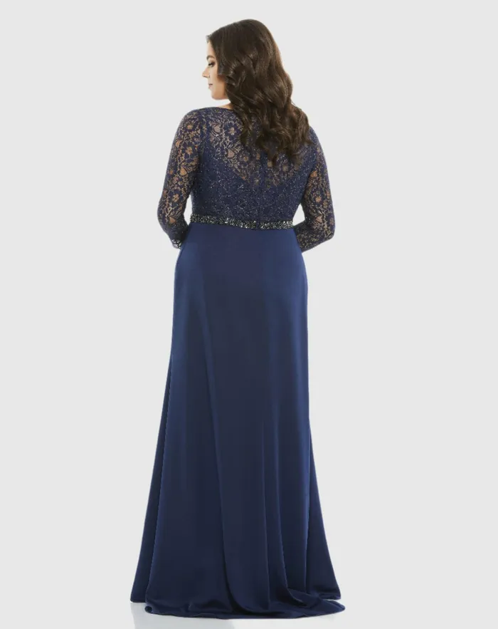 Lace Illusion Long Sleeve VNeck Draped Gown Plus MIDNIGHT Plus Size Dresses Mac Duggal Women Lace Illusion Long Sleeve VNeck Draped Gown Plus MIDNIGHT Plus Size Dresses Mac Duggal Women