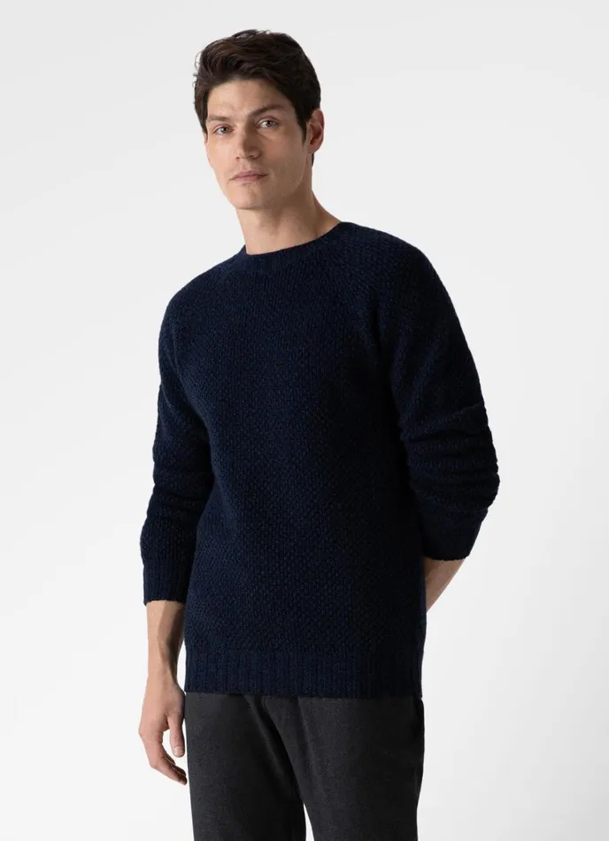 Lambswool Textured Jumper Bright Navy Twist Men SUNSPEL Knitwear
