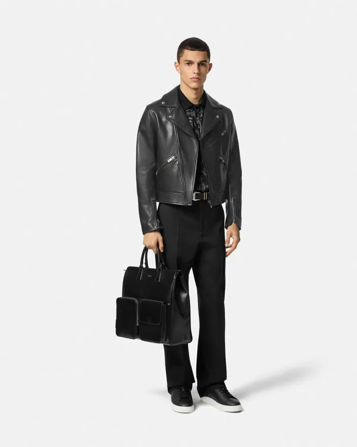 Leather Biker Jacket Black Men Versace Jackets and Coats