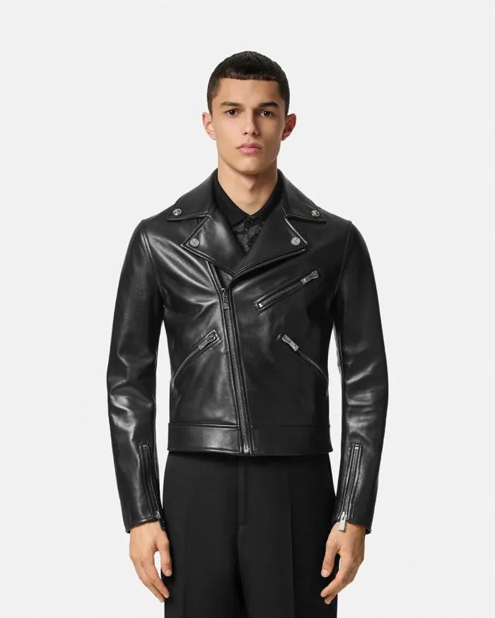 Leather Biker Jacket Black Men Versace Jackets and Coats