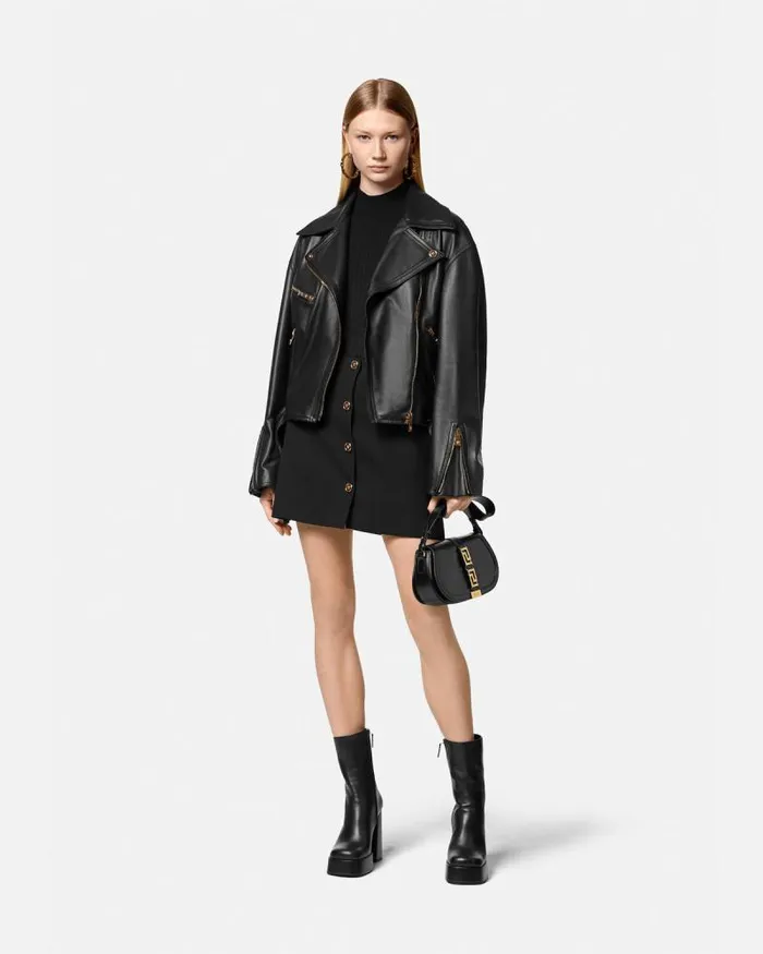 Leather Biker Jacket Black Women Versace Outerwear and Coats